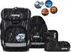 A collection of school supplies including a backpack, a pencil case, and a pouch, along with decorative badges, all featuring a lightning bolt pattern. Produktbild-Vorschau