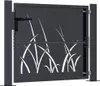 A dark gray metal garden gate with a white grass design cut out. Produktbild-Vorschau