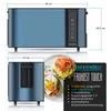 A toaster with dimensions and features listed, alongside a prepared breakfast. Podgląd zdjęcia produktu