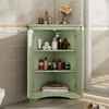 A green corner cabinet filled with bathroom products and towels, placed in a bathroom setting. Produktbild-Vorschau