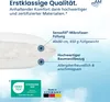 A close-up view of a pillow with descriptive text and certifications. Produktbild-Vorschau