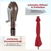 A split image showing the crank mechanism of a patio umbrella on the left and a folded red patio umbrella on the right, with descriptive text. Anteprima dell’immagine prodotto