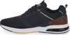 A side view of a navy blue sneaker with brown accents. Produktbild-Vorschau