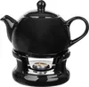 A black ceramic teapot with a lid and handle sits on a black ceramic stand with a lit tea light underneath. Anteprima dell’immagine prodotto