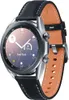 A close-up shot of a Samsung Galaxy Watch 3 with a black leather strap and a silver casing, displaying a weather forecast for New York on its screen. Produktbild-Vorschau