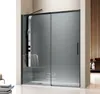 A modern shower enclosure with a sliding door, featuring a shower panel and a towel draped over a chair inside. Produktbild-Vorschau