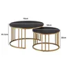 Two nesting round coffee tables with black marble-effect tops and gold metal frames, shown with dimensions indicated. Voir les images du produit
