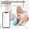 A woman and child are sitting on a couch, with a smartphone displaying a thermostat app in the foreground. Produktbild-Vorschau