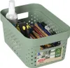 A green storage basket filled with various office supplies like pens, markers, a tape measure, and a spray bottle. Anteprima dell’immagine prodotto