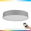 A ceiling light fixture with a smartphone showing a color selection interface. Produktbild-Vorschau
