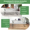 The image shows a picnic table set with benches in two different settings: outdoors with food and drinks, and indoors as a workspace. Text overlays describe its applications. Produktbild-Vorschau