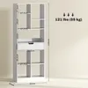 A white bookshelf with dimensions and weight capacity indicated by text and arrows. Náhľad obrázku produktu