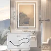 A bathroom mirror with LED lighting and dimensions shown, along with its back panel. Anteprima dell’immagine prodotto