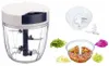 A collage of images showing a manual food chopper, its components, and chopped vegetables. Produktbild-Vorschau