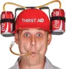 A man wearing a novelty helmet with two Coca-Cola cans attached and a straw in his mouth. Produktbild-Vorschau