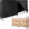 A collage showing a black firewood rack with a cover and a separate image of a firewood rack filled with wood. Produktbild-Vorschau