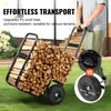 A person is pushing a cart loaded with firewood. The image highlights the cart's large wheels. Voir les images du produit