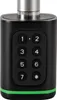 A close-up studio shot of a black electronic door lock cylinder with a silver top and a green stripe near the bottom. Podgląd zdjęcia produktu