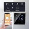 A split image showing a smartphone displaying a thermostat app and a smart thermostat device mounted on a wall. Podgląd zdjęcia produktu