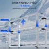 Image of a white adjustable desk frame with blue arrows indicating height adjustment. The background is a snowy mountain landscape with ice formations. Náhled obrázku produktu