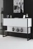 A modern white sideboard with black legs against a black slatted wall, featuring decorative vases on the lower shelf and a framed artwork above. Anteprima dell’immagine prodotto