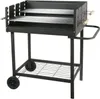 A black rectangular grill with two grates and wooden handles, set on a stand with wheels and a lower shelf. The grill is shown against a plain white background. Voir les images du produit