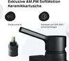 Close-up marketing image of a faucet cartridge and handle, with text highlighting product features. Produktbild-Vorschau