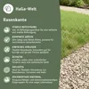 A close-up view of a lawn edge with gravel and grass, next to a green panel with product information. Produktbild-Vorschau