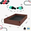 A diagram showing the dimensions of a wooden raised garden bed and a pair of gardening gloves with claws. Produktbild-Vorschau