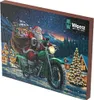 Santa Claus riding a motorcycle with a sack of gifts, in a snowy village scene with Christmas trees. Podgląd zdjęcia produktu