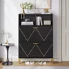 A black shoe cabinet with gold accents is shown in a room with a small side table and a doorway in the background. Podgląd zdjęcia produktu