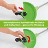 Two images showing how to attach or detach a trimmer line using a plug-and-turn system. Produktbild-Vorschau