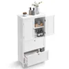 A white bathroom storage cabinet with its doors and drawers open, showing its contents. Produktbild-Vorschau