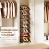 A tall, narrow shoe rack filled with shoes is placed next to a closet with hanging clothes. The floor is wooden. Produktbild-Vorschau