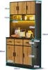 A tall, multi-shelf cabinet with wooden doors and drawers, featuring LED lighting and various kitchen appliances on display. Náhled obrázku produktu