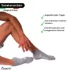 A person's legs wearing gray socks, with marketing text and icons. Produktbild-Vorschau