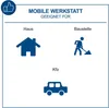 Icons representing different locations where a mobile workshop can be used: a house, a construction site, and a car. Produktbild-Vorschau