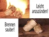 A collage of images showing fire starters, with text highlighting their features. Produktbild-Vorschau