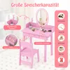 A pink children's vanity set with a chair, mirror, and various accessories, presented with overlaid text and icons highlighting its features and storage capacity. Náhľad obrázku produktu
