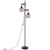 A black, two-light floor lamp with wooden accents and wire cage shades, photographed against a white background. Produktbild-Vorschau