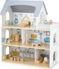 A multi-story wooden dollhouse with furniture and miniature figures. Produktbild-Vorschau