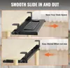 Two images showing a desk-mounted keyboard tray. The top image shows the tray extended with a keyboard and mouse on it, illustrating its use and space-saving benefit. The bottom image shows the tray retracted, demonstrating how it can be stored away when n Produktbild-Vorschau