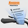 Close-up of an e-bike handlebar with a digital display and a projected graphic showing features. Produktbild-Vorschau