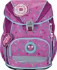 A pink school backpack with colorful leaf patterns and sweet-themed embellishments. Produktbild-Vorschau