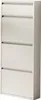 A tall, narrow shoe cabinet with four flip-down doors. Voir les images du produit