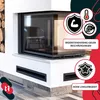 A modern fireplace with a glass door, showing ventilation grilles below. Marketing graphics highlight product features. Podgląd zdjęcia produktu