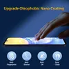 A hand is touching a smartphone screen, with a protective film applied. Below the phone are icons representing product features. Produktbild-Vorschau