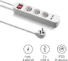 A white power strip with three sockets and two USB ports, along with its plug and cable, is shown against a white background. Below the product are three circular icons with text, indicating features. Produktbild-Vorschau