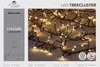 A close-up of warm white LED tree cluster lights on a dark background, with a grey panel on the left detailing product specifications. Produktbild-Vorschau