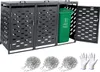 A three-bin outdoor trash enclosure with a green trash bin inside one compartment, along with chains and gloves. Produktbild-Vorschau